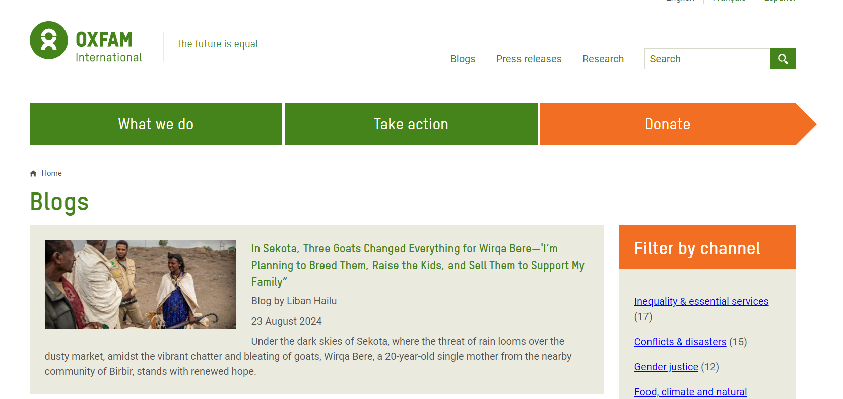 A screenshot of Oxfam's website homepage (very large humanitarian NGO) showing 3 buttons: "What we do" and "Take action" in green and "donate" in Orange